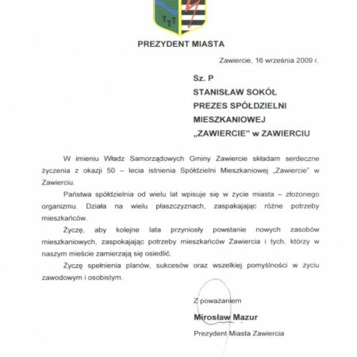 Gratulacje od Prezydenta Miasta Zawiercie Mirosława Mazura